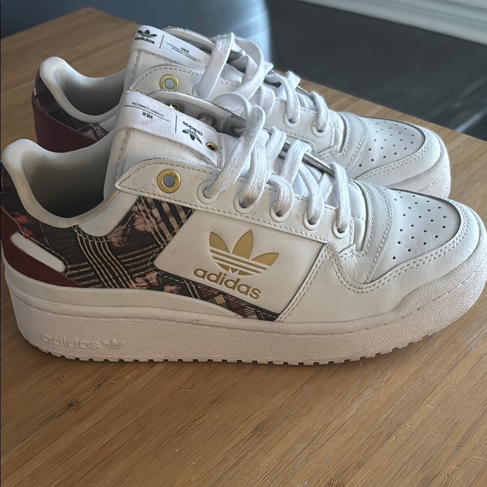 Adidas White and Gold Sneakers with Floral Accents